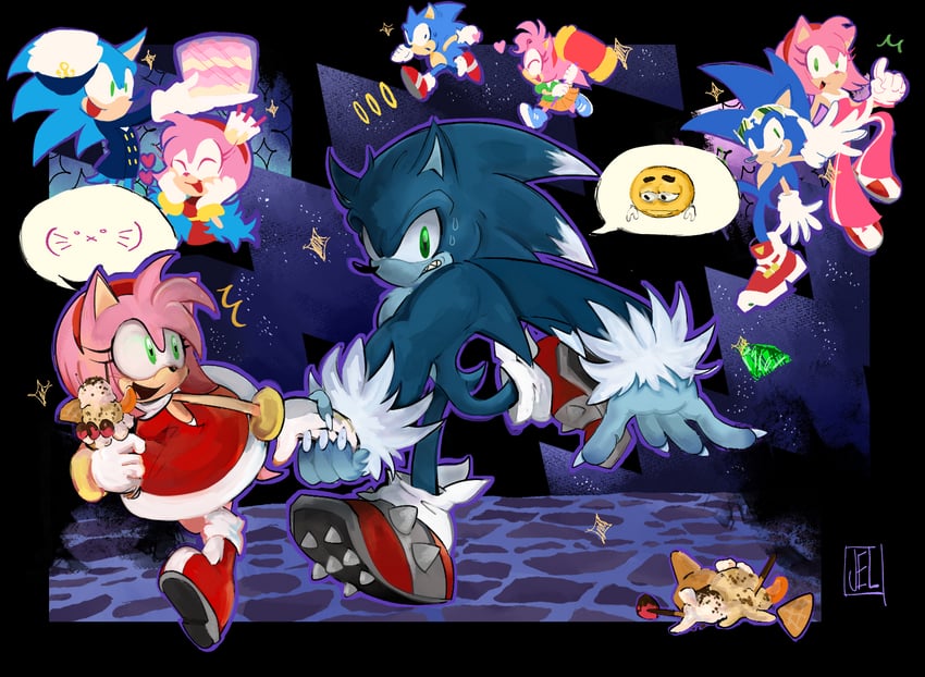 sonic the hedgehog, amy rose, classic sonic, classic amy, sonic the werehog, and 1 more (sonic and 3 more) drawn by jelfruit