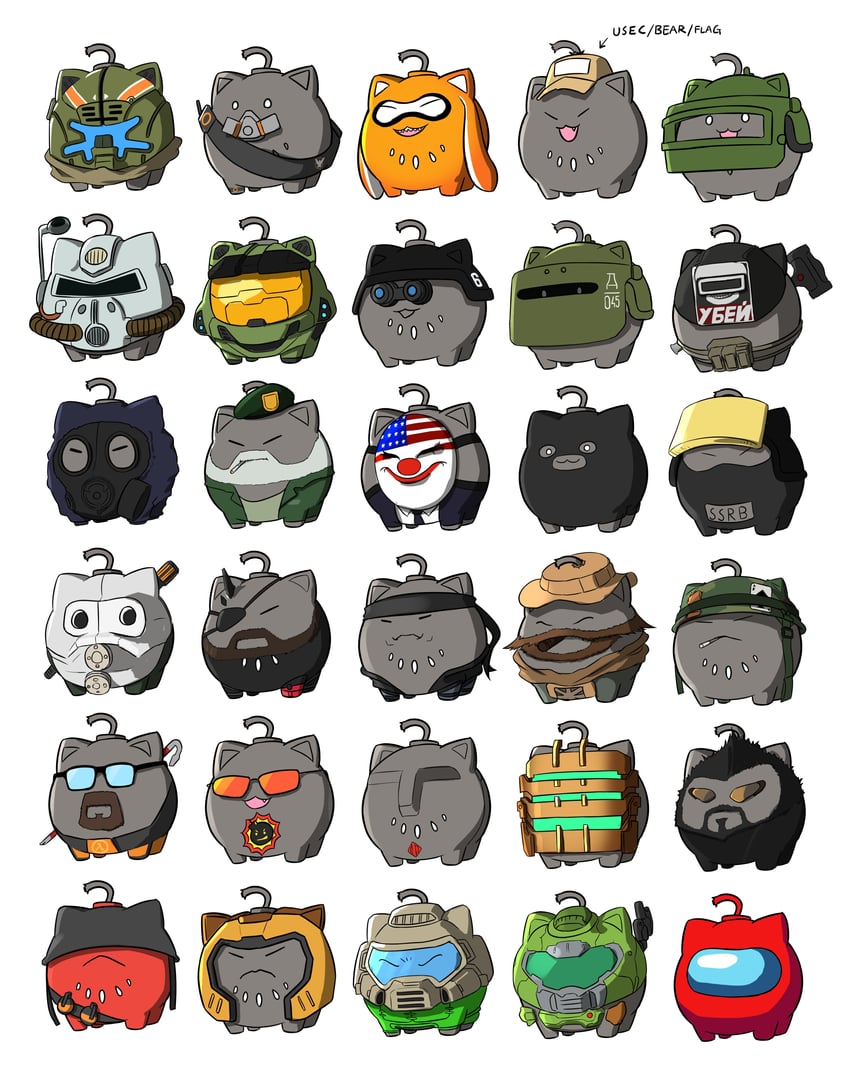 inkling player character, crewmate, solid snake, ssrb, doomguy, and 16 more (hololive and 27 more) drawn by sate