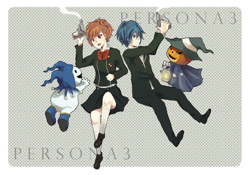 yuuki makoto, shiomi kotone, jack frost, and pyro jack (persona and 2 more) drawn by nilam_sari