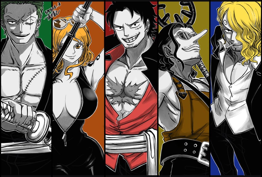 nami, monkey d. luffy, roronoa zoro, sanji, and usopp (one piece) drawn by shinonome_(7566ani)