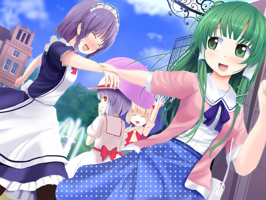 remilia scarlet, flandre scarlet, izayoi sakuya, and kochiya sanae (touhou) drawn by a_(aaaaaaaaaaw)
