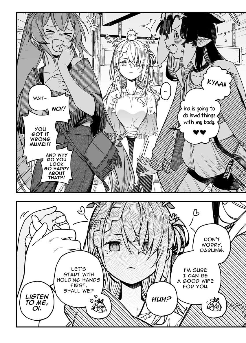 ninomae ina'nis, nanashi mumei, and ceres fauna (hololive and 1 more) drawn by num_(angrynum)
