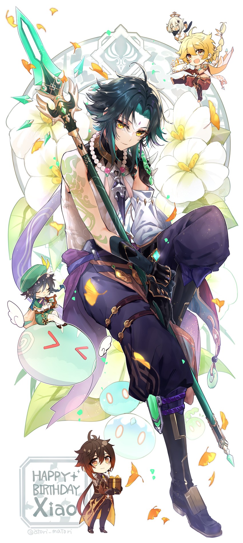 aether, zhongli, venti, paimon, xiao, and 1 more (genshin impact) drawn by matori_(penguin_batake)