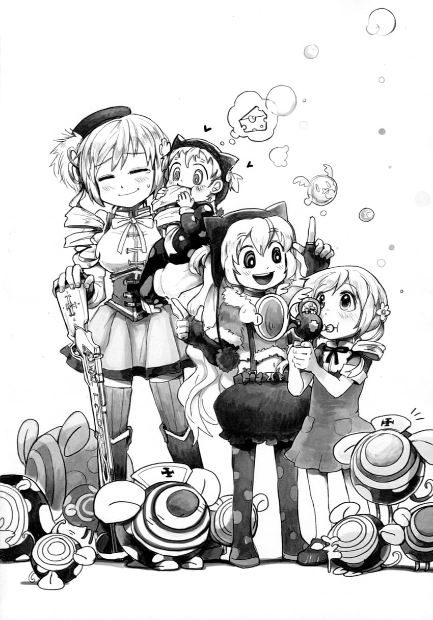tomoe mami, charlotte, momoe nagisa, and pyotr (mahou shoujo madoka magica and 1 more) drawn by silverxp