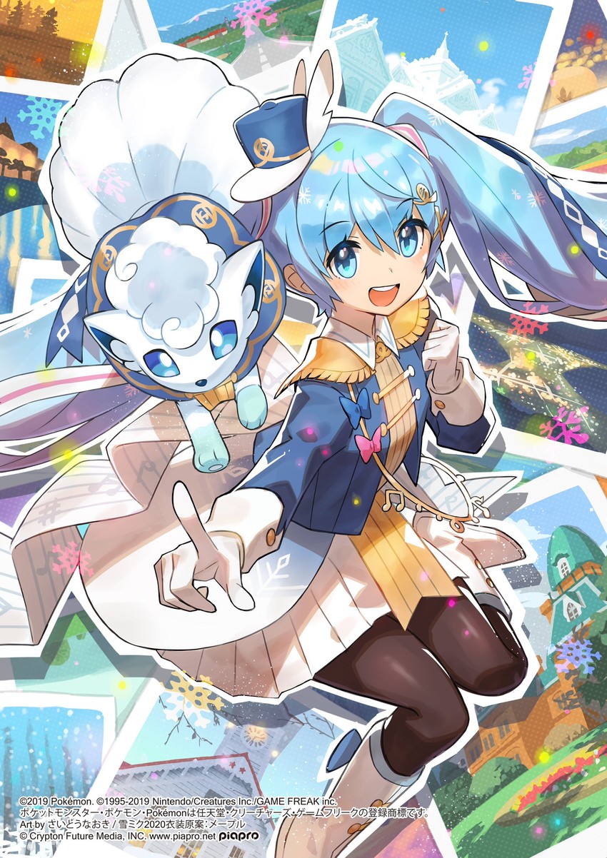 hatsune miku, yuki miku, and alolan vulpix (pokemon and 1 more) drawn by saitou_naoki