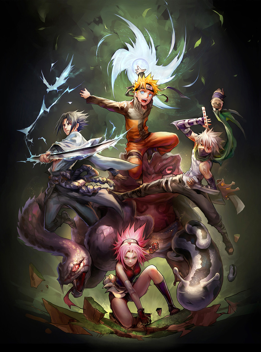 haruno sakura, uzumaki naruto, uchiha sasuke, hatake kakashi, pakkun, and 3 more (naruto and 1 more) drawn by fooltown