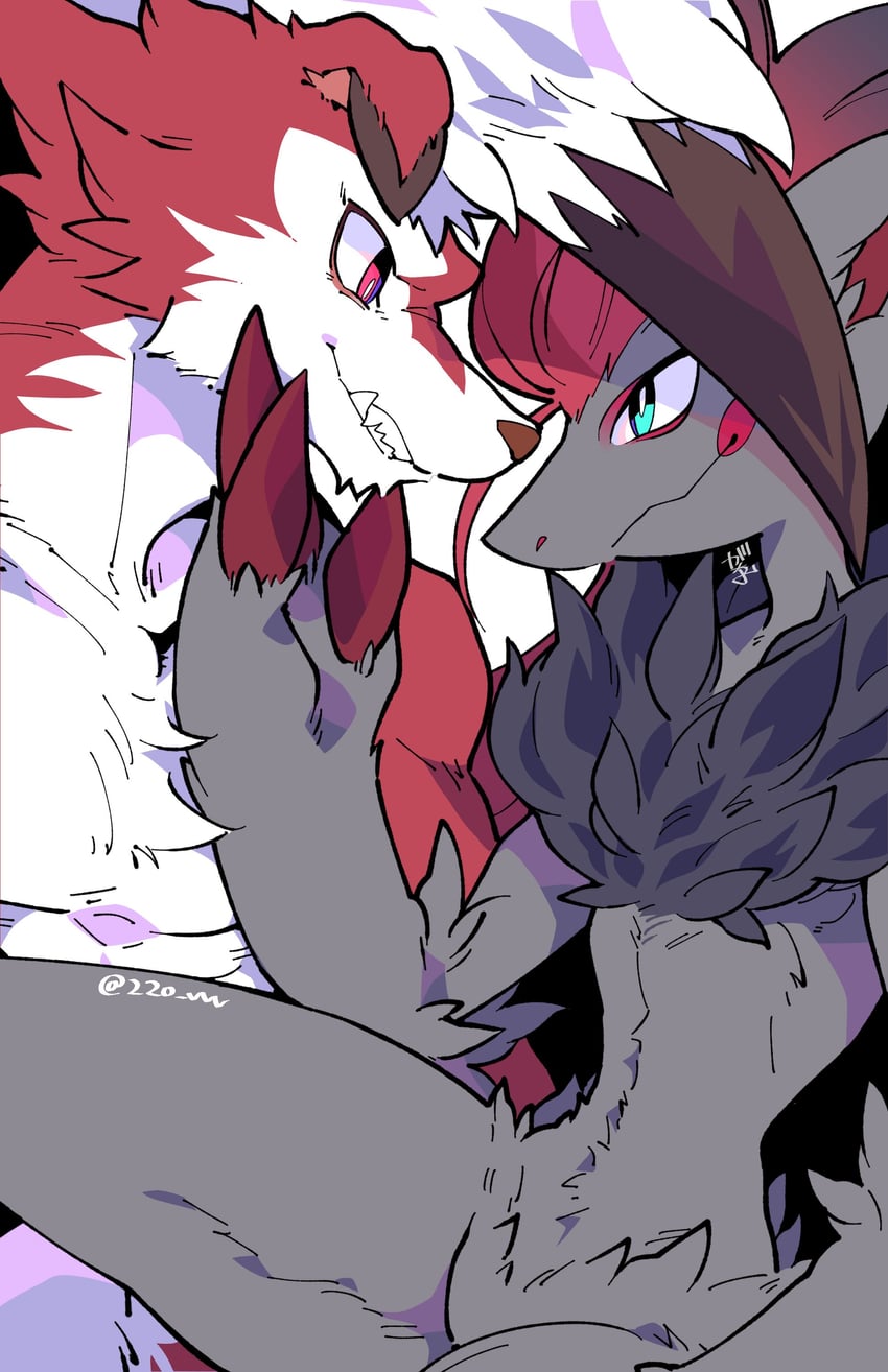 lycanroc and zoroark (pokemon) drawn by gacho_(220_vvv)
