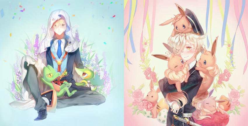 eevee, snivy, treecko, gokotai, and yamanbagiri kunihiro (pokemon and 1 more) drawn by cherinova