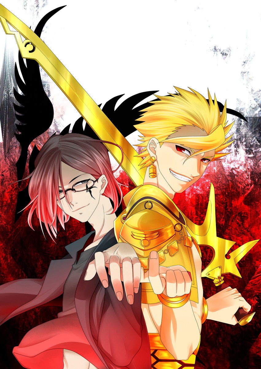 gilgamesh and archer's master (fate and 1 more) drawn by tasuku