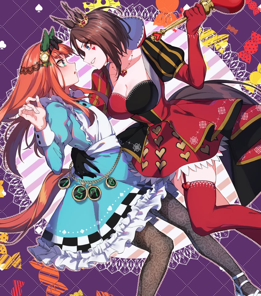 silence suzuka, alice, air groove, and queen of hearts (umamusume and 1 more) drawn by sugamo_(rainysnowy108)