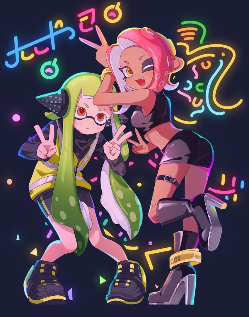 inkling player character, inkling girl, octoling player character, octoling girl, agent 8, and 1 more (splatoon and 2 more) drawn by fifi_(fifiwinofi)