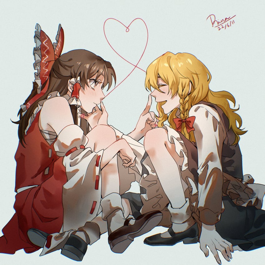 hakurei reimu and kirisame marisa (touhou) drawn by aihara-rina