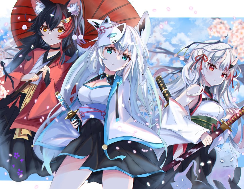 shirakami fubuki, ookami mio, nakiri ayame, shiranui, and karma (hololive) drawn by soma443