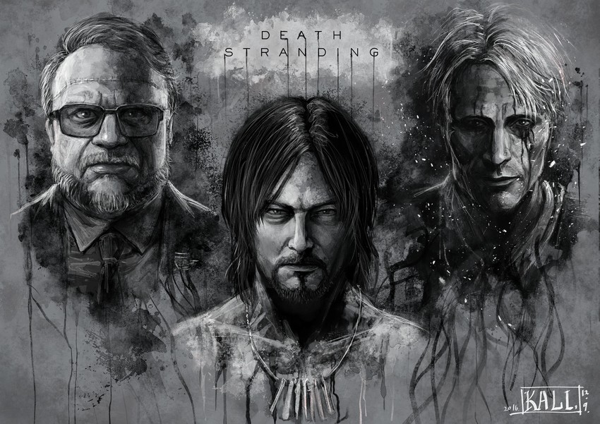 sam porter bridges, mads mikkelsen, norman reedus, deadman, cliff unger, and 1 more (death stranding) drawn by thugkali
