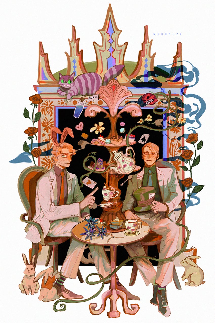 white rabbit, cheshire cat, hannibal lecter, and will graham (alice's adventures in wonderland and 1 more) drawn by mushbuzz