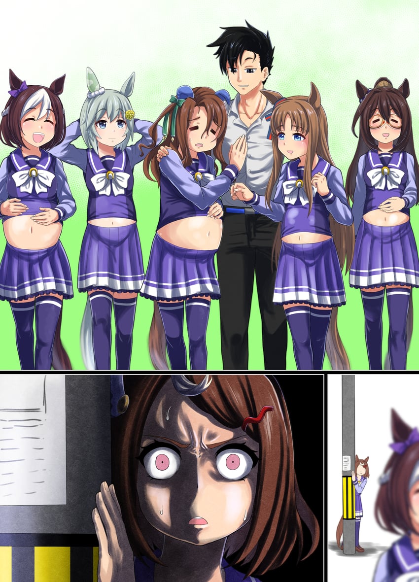 trainer, special week, king halo, seiun sky, grass wonder, and 2 more (umamusume) drawn by munyura