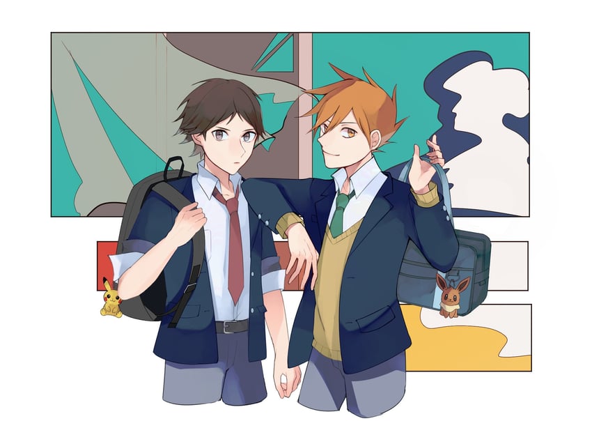 pikachu, red, eevee, and blue oak (pokemon and 1 more) drawn by norisukep