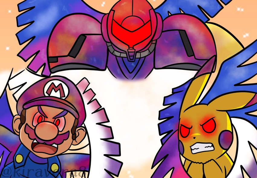 pikachu, samus aran, mario, and galeem (pokemon and 3 more) drawn by kiravera8