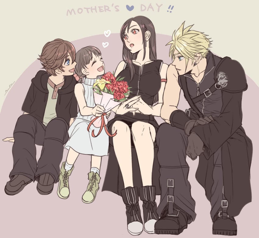 tifa lockhart, cloud strife, marlene wallace, fenrir, and denzel (final fantasy and 2 more) drawn by nidou_(rechlo)
