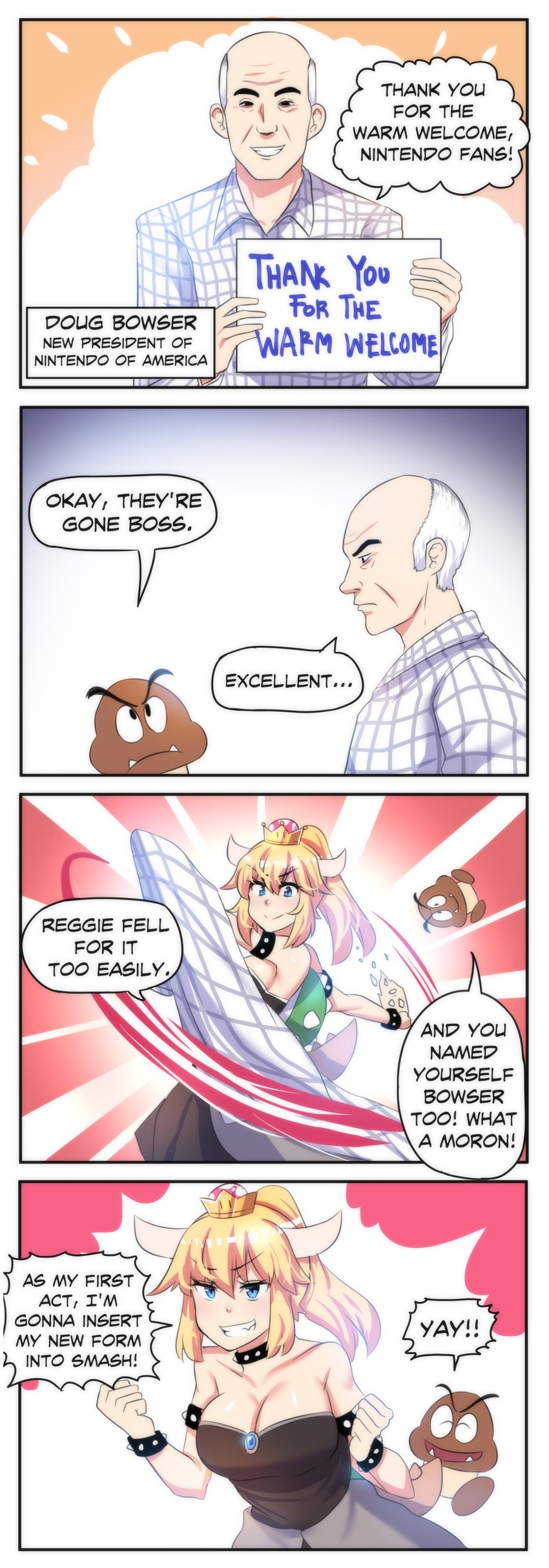 bowsette, goomba, and doug bowser (mario and 1 more) drawn by hinghoi