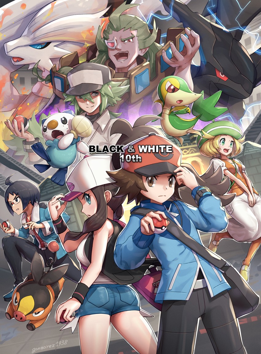 hilda, hilbert, n, oshawott, snivy, and 6 more (pokemon and 1 more) drawn by gonzarez