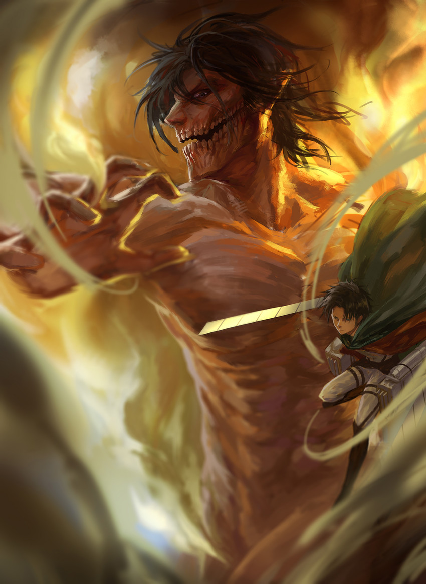 levi, titan, and rogue titan (shingeki no kyojin) drawn by hangleing