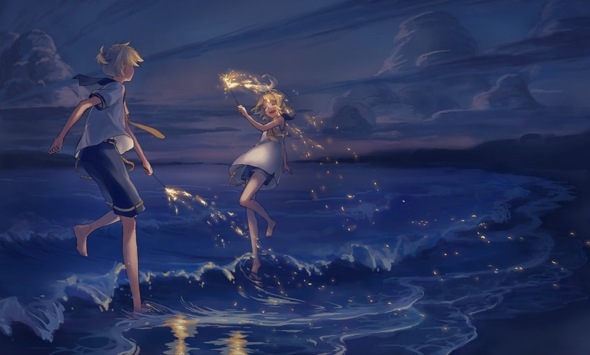 kagamine rin and kagamine len (vocaloid) drawn by akizakura_(mns)