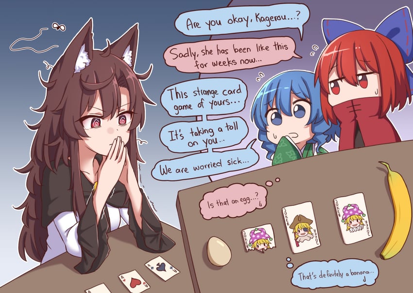 imaizumi kagerou, clownpiece, sekibanki, and wakasagihime (touhou and 1 more) drawn by wool_(miwol)