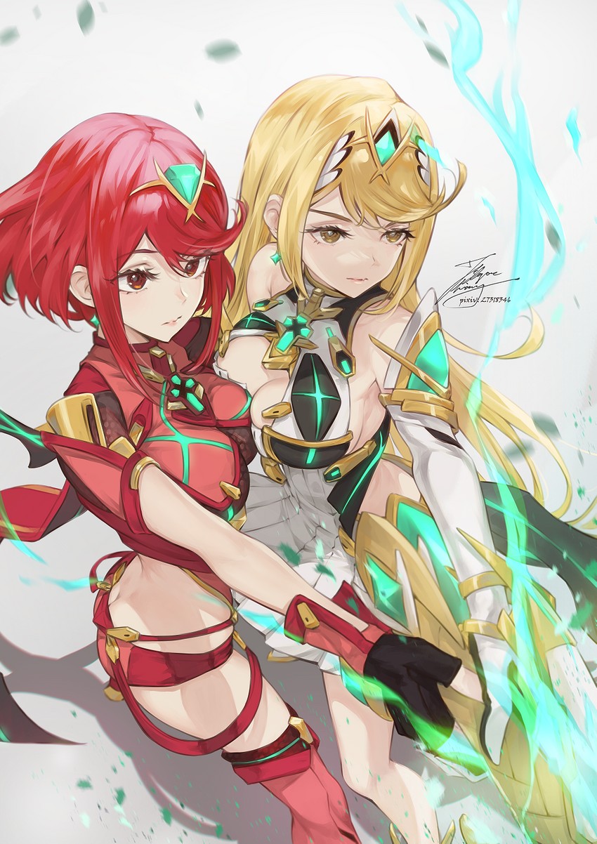 pyra and mythra (xenoblade chronicles and 1 more) drawn by fadingz