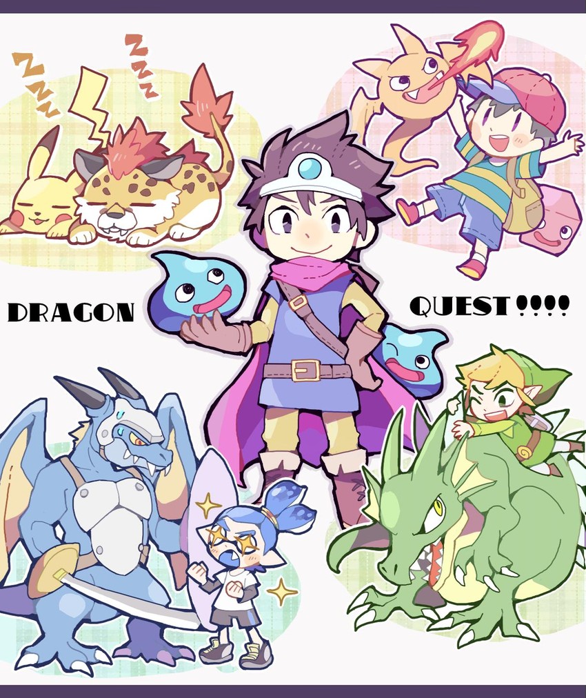 link, inkling player character, pikachu, inkling boy, slime, and 4 more (pokemon and 8 more) drawn by teijiro