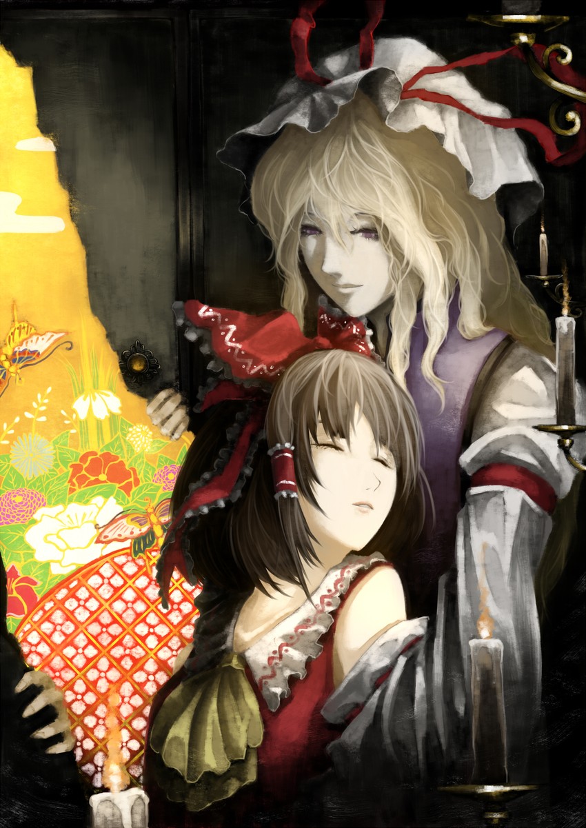 hakurei reimu and yakumo yukari (touhou) drawn by fujinohara_akihira