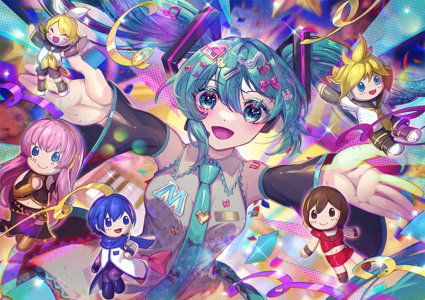hatsune miku, kagamine rin, kagamine len, megurine luka, kaito, and 1 more (vocaloid) drawn by kozou_kazaru