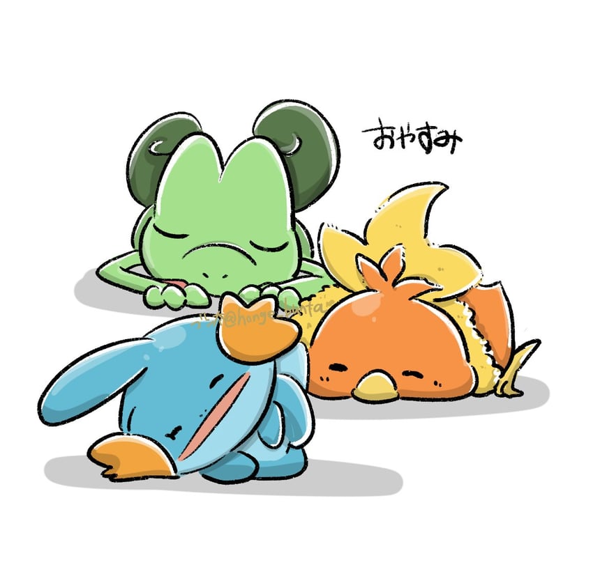 torchic, mudkip, and treecko (pokemon) drawn by honge_bunta
