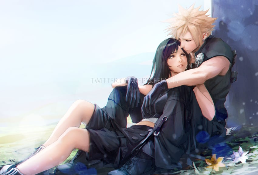 tifa lockhart, cloud strife, and fenrir (final fantasy and 2 more) drawn by spykeee