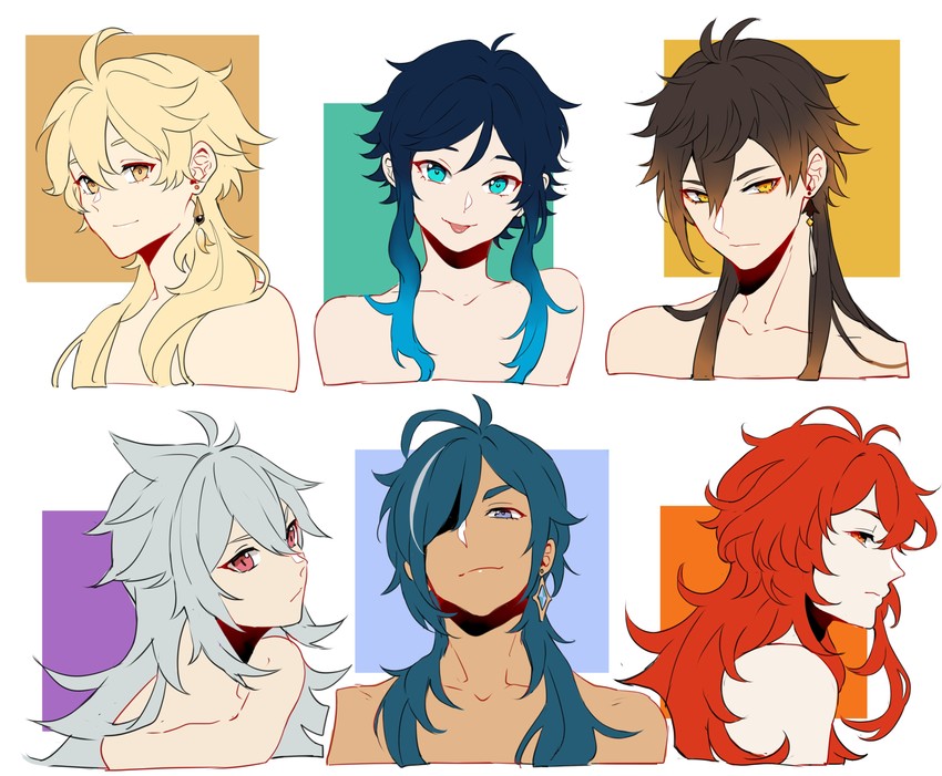 aether, zhongli, venti, diluc, kaeya, and 1 more (genshin impact) drawn by sushisalmon95
