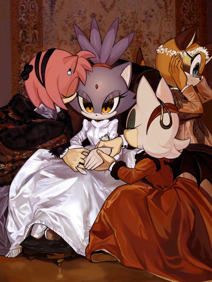 amy rose, blaze the cat, rouge the bat, and marine the raccoon (sonic and 1 more) drawn by n_jiujiu99