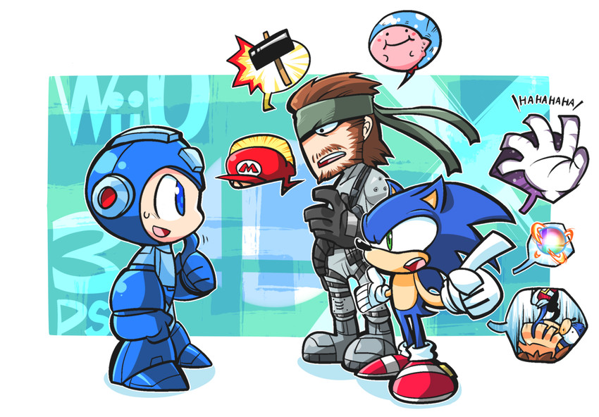 kirby, mario, sonic the hedgehog, mega man, solid snake, and 2 more (mario and 7 more) drawn by rariatto_(ganguri)