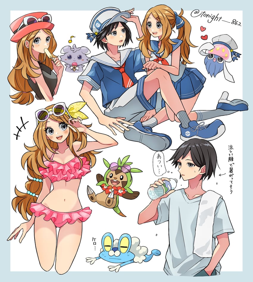 serena, calem, espurr, chespin, froakie, and 1 more (pokemon and 1 more) drawn by rain_(tonight_862)