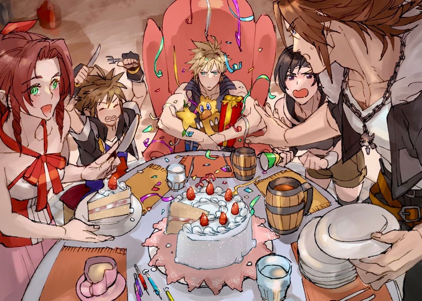 cloud strife, aerith gainsborough, yuffie kisaragi, sora, and squall leonhart (final fantasy and 5 more) drawn by ryouto