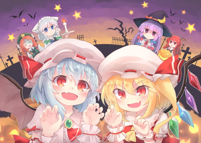 remilia scarlet, flandre scarlet, izayoi sakuya, patchouli knowledge, hong meiling, and 1 more (touhou) drawn by kibisake