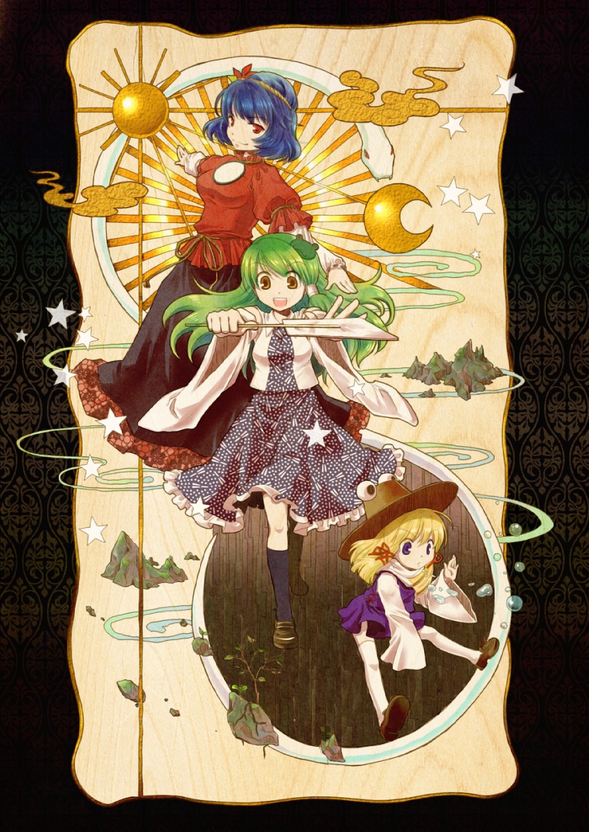 kochiya sanae, moriya suwako, yasaka kanako, and mishaguji (touhou) drawn by socha
