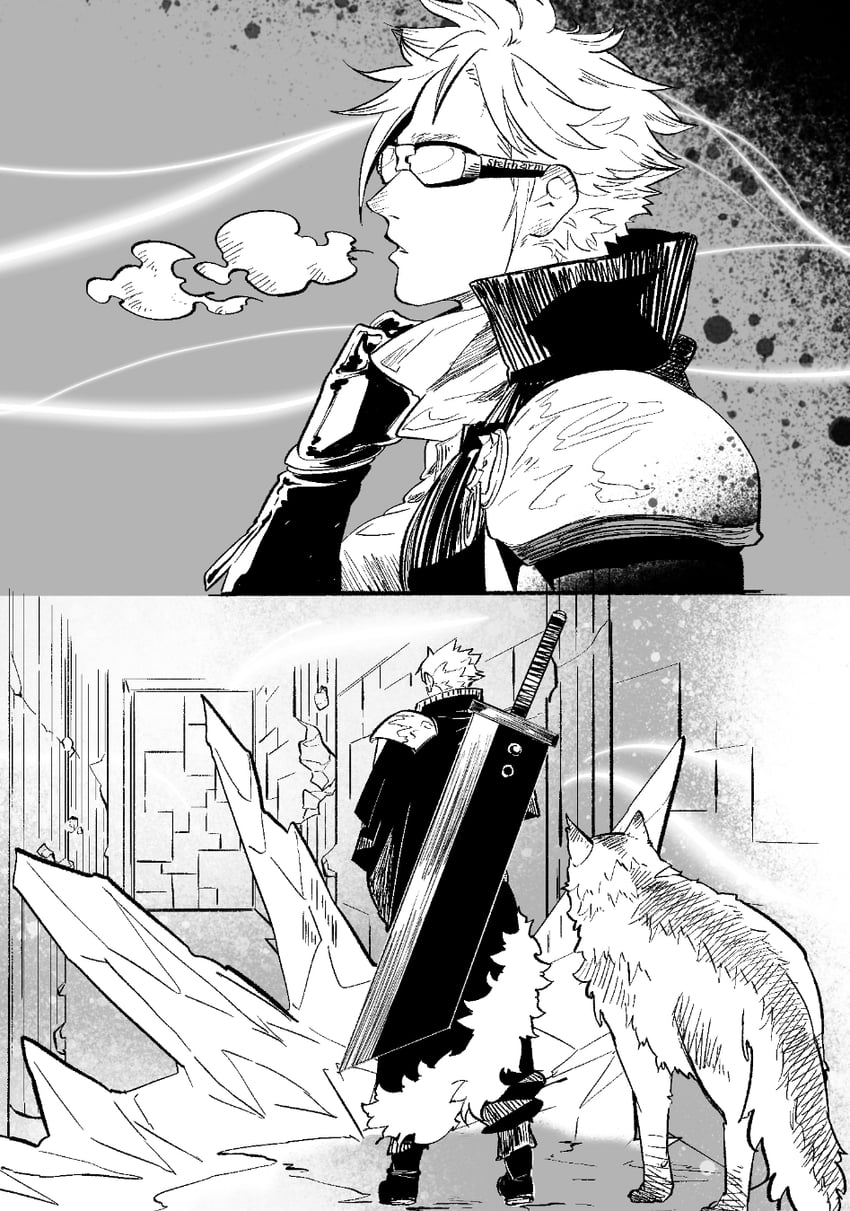 cloud strife and fenrir (final fantasy and 2 more) drawn by steltharm