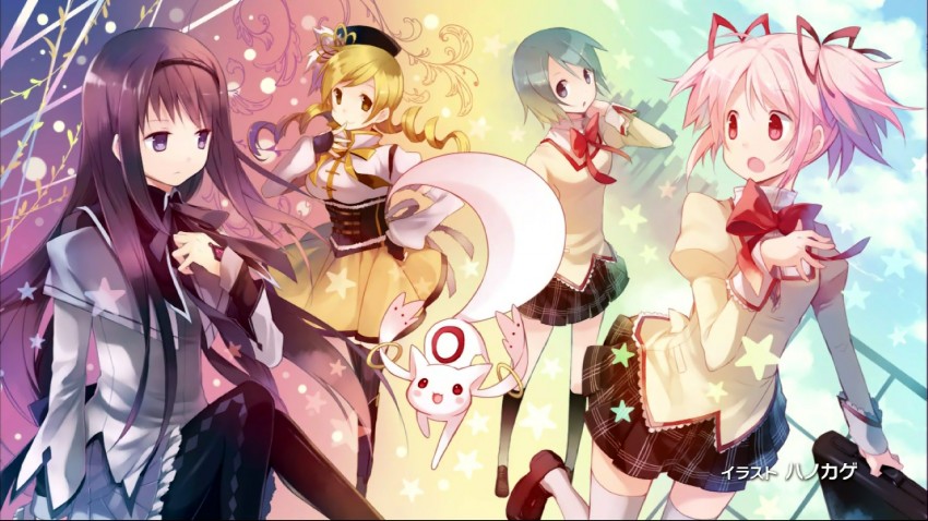 akemi homura, kaname madoka, miki sayaka, tomoe mami, and kyubey (mahou shoujo madoka magica) drawn by hanokage