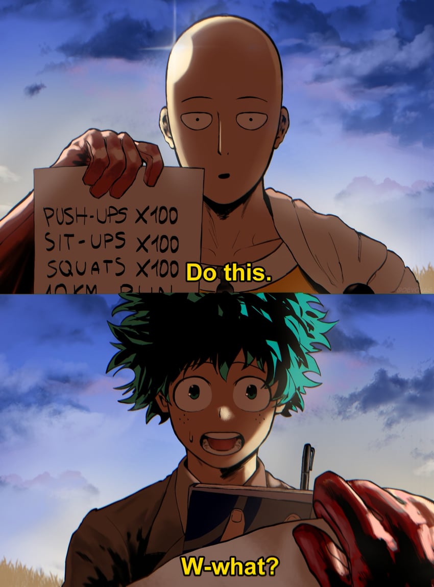 midoriya izuku and saitama (boku no hero academia and 1 more) drawn by devovas