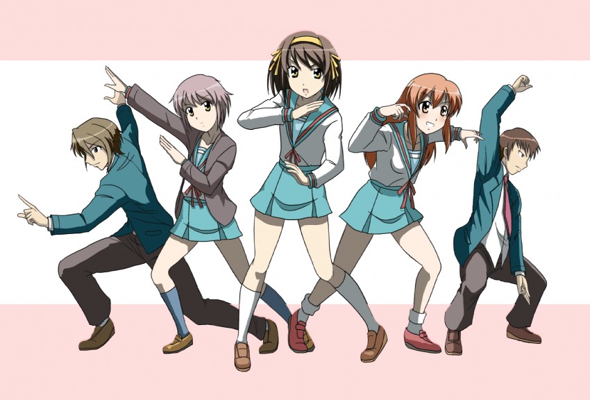 suzumiya haruhi, nagato yuki, asahina mikuru, kyon, and koizumi itsuki (suzumiya haruhi no yuuutsu) drawn by takaya_n
