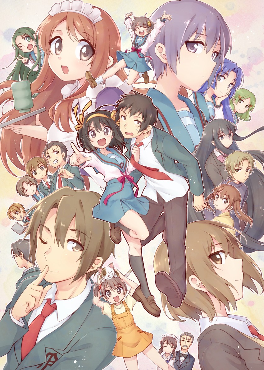 suzumiya haruhi, nagato yuki, asahina mikuru, kyon, asakura ryoko, and 17 more (suzumiya haruhi no yuuutsu) drawn by taiki_(6240taiki)