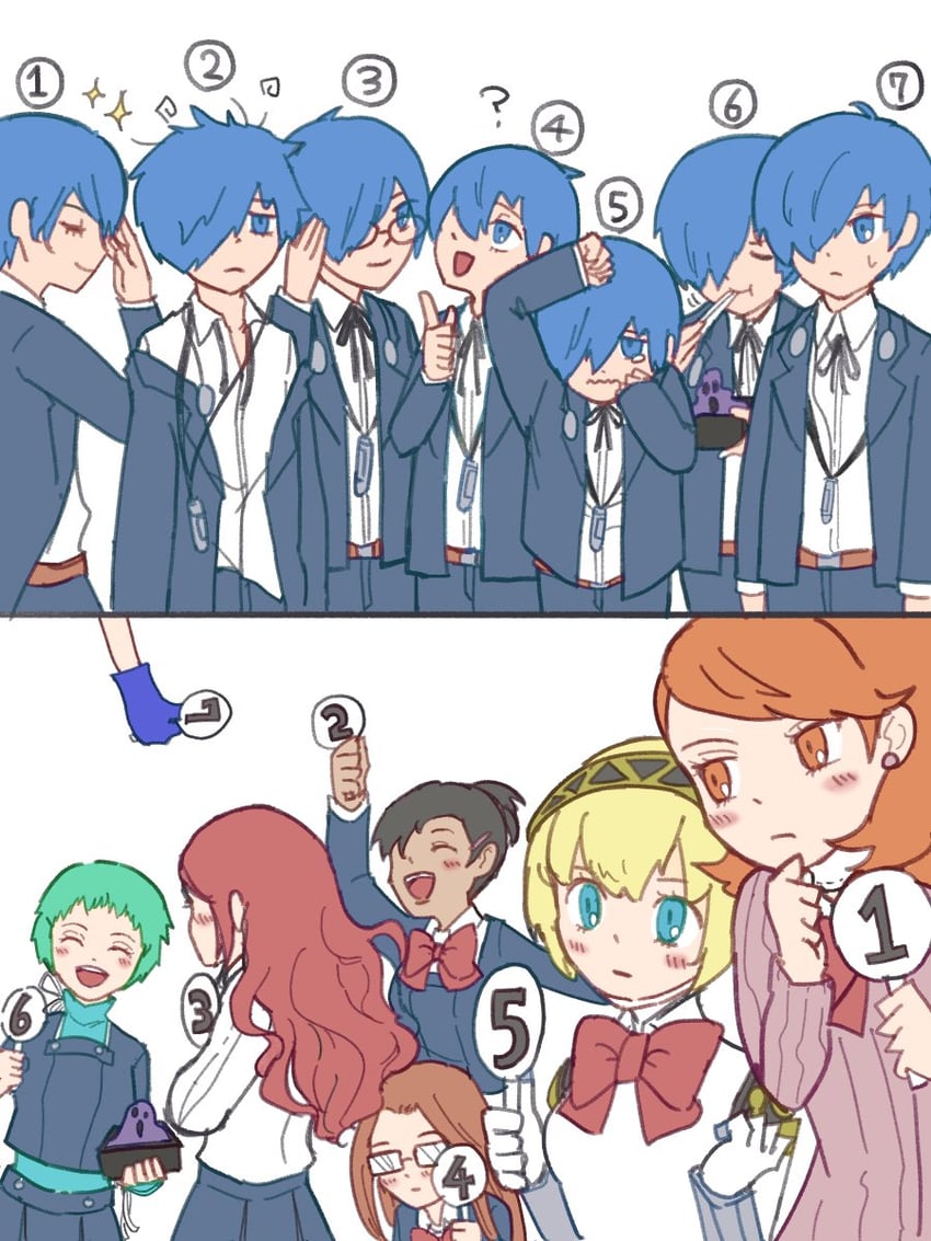 yuuki makoto, aigis, takeba yukari, kirijou mitsuru, yamagishi fuuka, and 3 more (persona and 2 more) drawn by moko0143