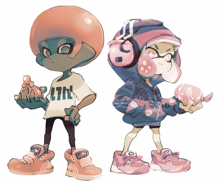 inkling player character, inkling girl, octoling player character, and octoling boy (splatoon) drawn by koike3582