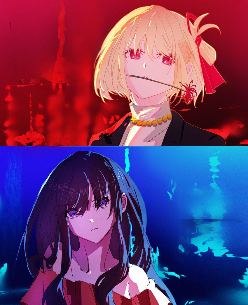 nishikigi chisato and inoue takina (lycoris recoil) drawn by q_pulan