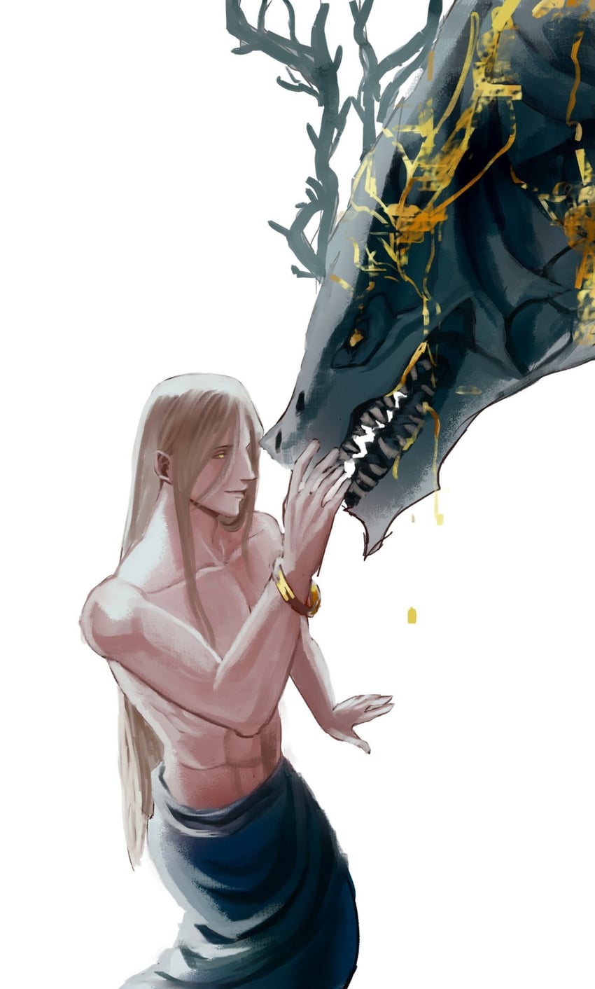 godwyn the golden and lichdragon fortissax (elden ring) drawn by pkbth